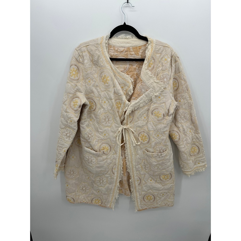 J.Jill Boho Quilted Embroidered Jacket Womens Cream Cotton Tie Front Cottagecore